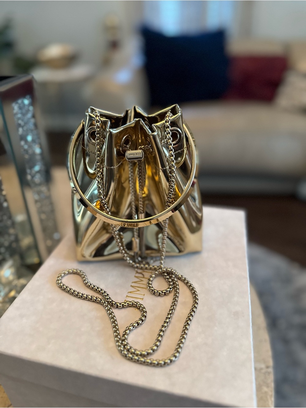 Jimmy Choo Gold Metallic Mini Drawstring Bucket Bag - Picture 11 of 13